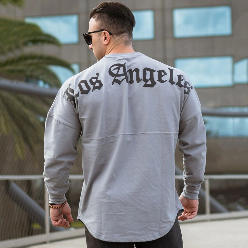 lvft运动潮牌圆领长袖t恤男春秋季 大码宽松休闲纯色训练健身衣服