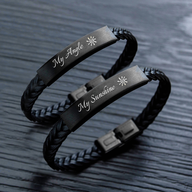 男生手链免费刻字情侣一对礼物纪念磨砂钛钢潮韩版简约编织皮手环