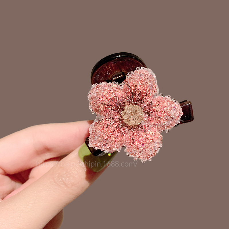 新中式古典满钻桃花发夹新款重工盘发夹鲨鱼夹气质百搭小抓夹头饰