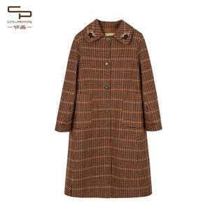 一城画一冬季新款复古文艺风格子翻领长款双面呢大衣绵羊毛外套