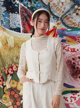 秋季新中式大方领暗纹提花盘扣文艺复古短款马甲14111H018