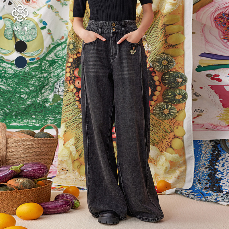 一城画一秋季宽松个性休闲显瘦裤子新款今年流行爆款阔腿裤黑色