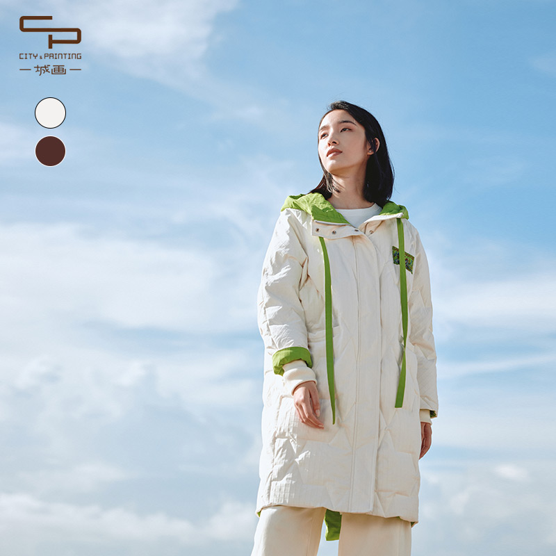 撞色设计保暖通勤文艺长款羽绒服