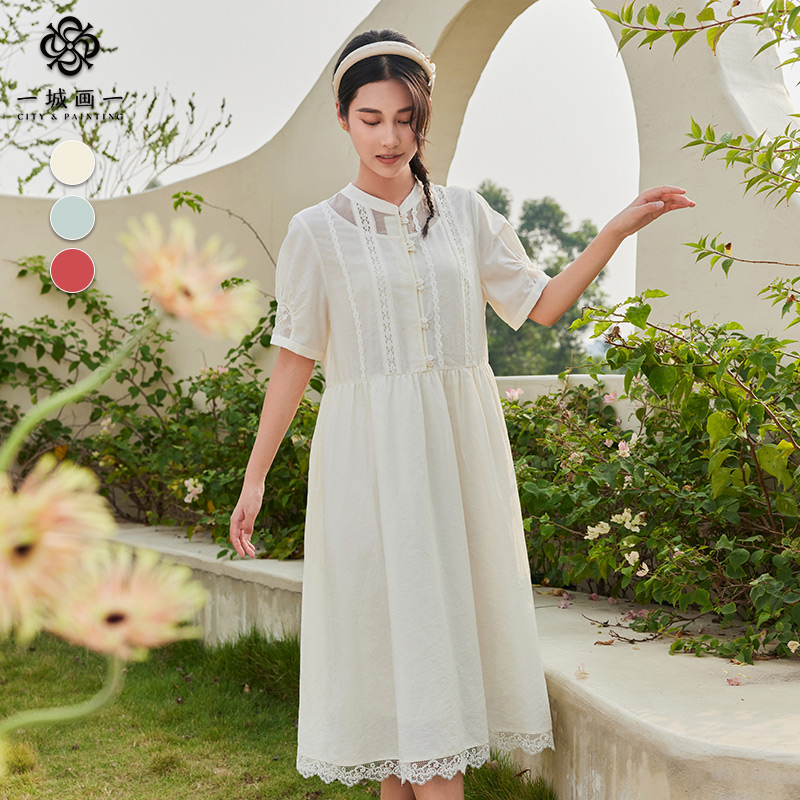 夏季气质拼接花边长款连衣裙