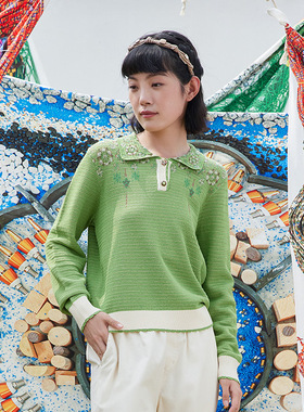 秋季复古文艺简约翻领提花毛织短款绿色套头毛衫14131N074