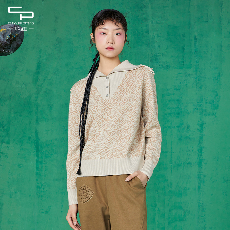 翻领设计休闲短款套头毛衫