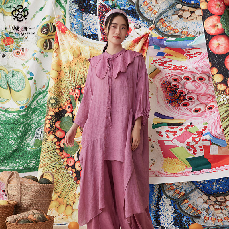 苎麻单排扣圆领七分袖长款衬衣女