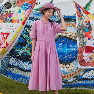 一城画一夏季文艺范v领绑带长款连衣裙绣花大摆裙A字长裙粉紫