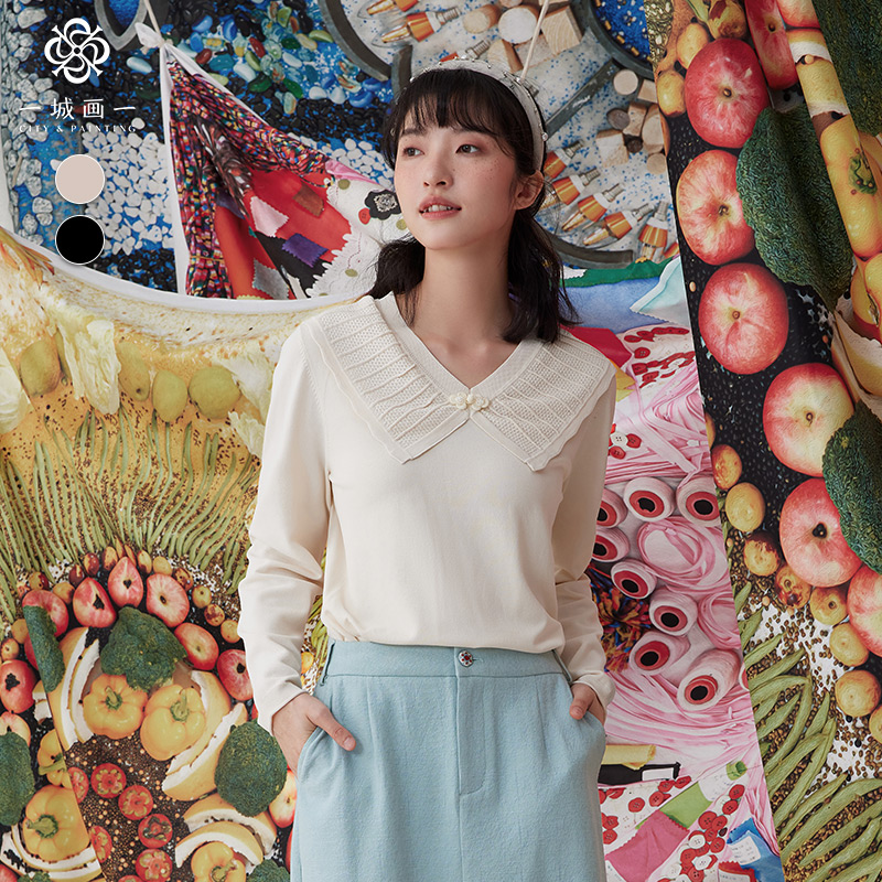 一城画一秋季气质V领套头毛织假翻领设计短款套头毛衫女14111N013