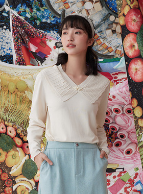 一城画一秋季气质V领套头毛织假翻领设计短款套头毛衫女14111N013