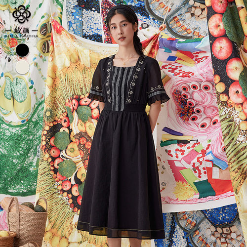 一城画一夏季文艺范长款柿蒂纹印花连衣裙棉锦欧根纱长裙