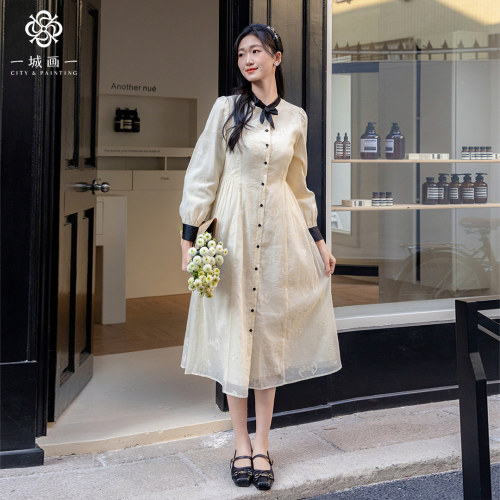 一城画一新款显瘦修身收腰长袖A字纯色时尚长款连衣裙女