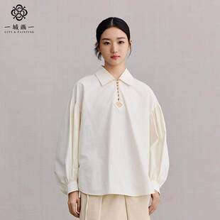 一城画一简约通勤时尚宽松纯色开叉小翻领长袖中款衬衣女