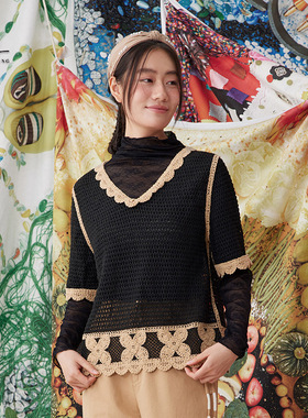 一城画一秋季撞色纱线提花V领气质文艺短款套头毛衫上衣14131N225