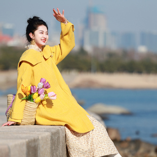 一城画一冬季新款文艺休闲复古气质大方领设计中长双面呢大衣