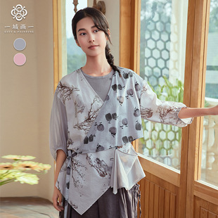 一城画一夏季复古文艺范短款外套印花拼接不规则开衫女