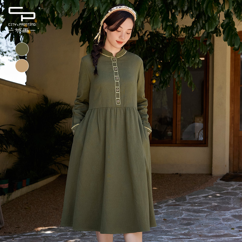 一城画一冬季新款气质休闲简约高腰小A摆微收腰中款连衣裙