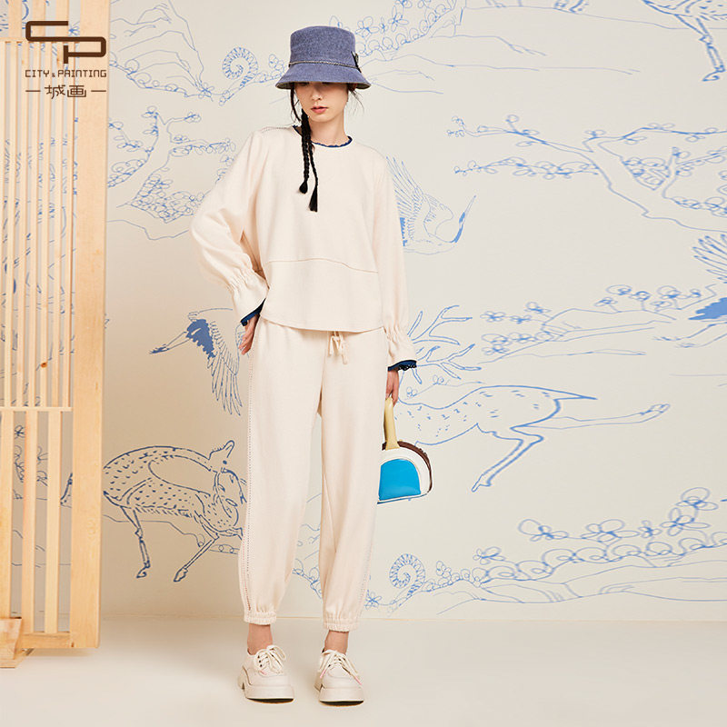 一城画一春季运动风时尚气质显瘦休闲卫衣套装两件套女米白/红色,女装/女士精品,时尚套装,淘宝优惠券,粉丝福利购,淘宝优惠卷