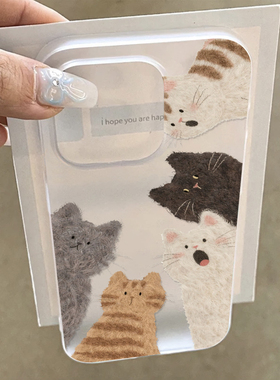 惊讶围观猫猫适用苹果17/16promax透白小麦壳iPhone15pro新款14plus小众创意13pro可爱卡通12pro磨砂软套11潮