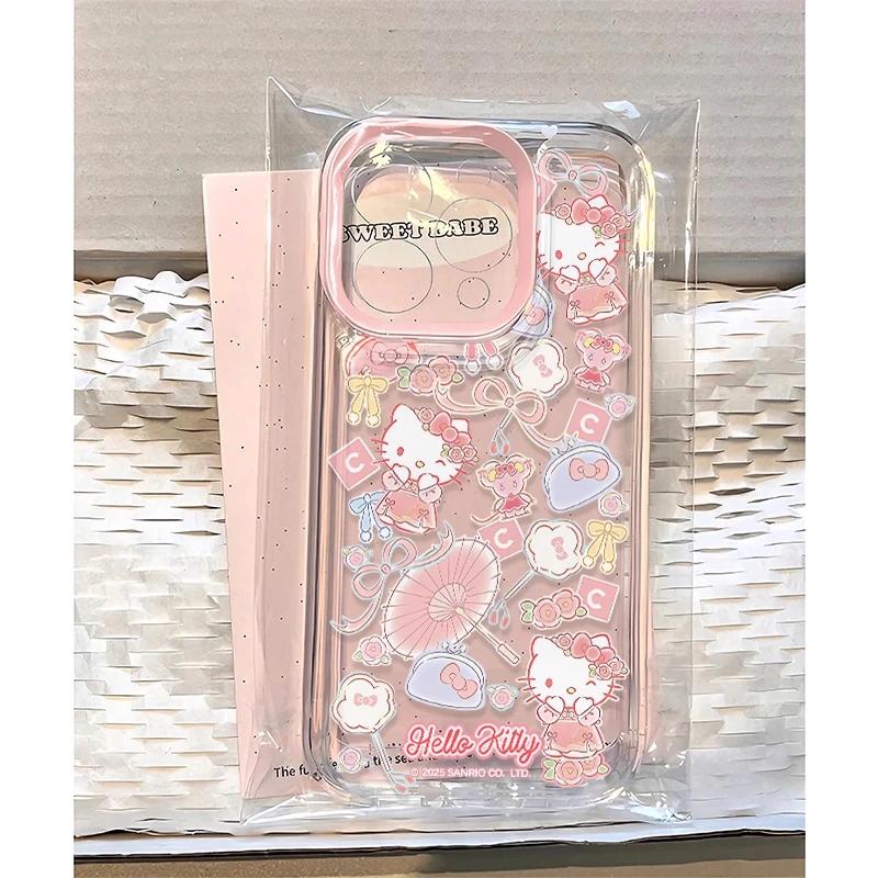 国风粉伞kitty适用苹果17promax太空手机壳iPhone16/15/14/13全包透明12IR华为P70vivo小米15oppo防摔软壳潮
