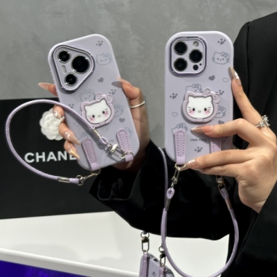 香芋紫凯蒂猫支架挂绳适用苹果17/16promax精孔手机壳iPhone14/13/12/11小众创意vivo华为p70小米15oppoAIR套