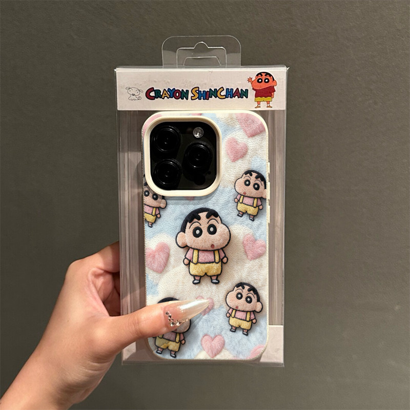 仿毛绒小新适用苹果17promax荔枝纹手机壳iPhone17/16/15pro新款16plus全包13pro磨砂套12防摔软壳潮AIR小众