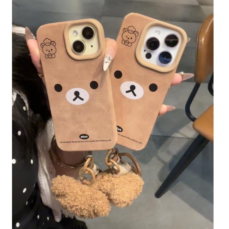 可爱轻松熊表情适用苹果17promax翻毛皮手机壳iPhone16/15/14/13pro秋冬新款vivo华为mate70小米15oppo挂绳套
