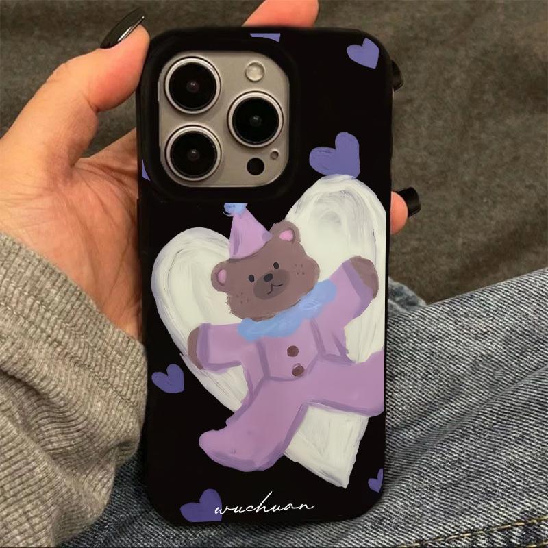 油画爱心紫衣小熊适用iPhone16pro苹果16promax果冻手机壳15/14pro全包13/12/11华为P70vivo小米15oppo软套xr