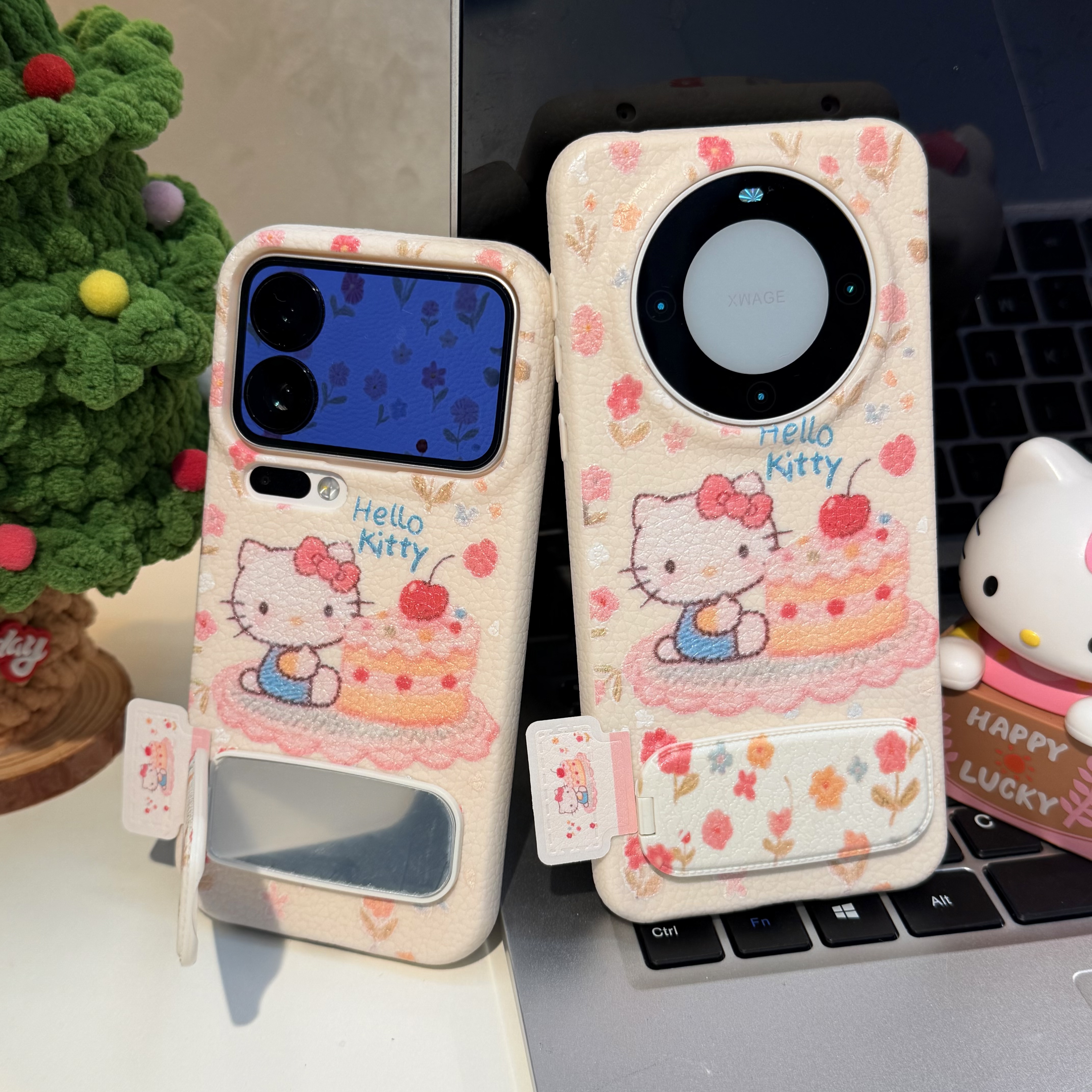 满屏花花蛋糕kitty标签适用苹果17/16promax皮革纹手机壳iPhone15/14/13pro韩风女款套vivo华为p70小米17oppo