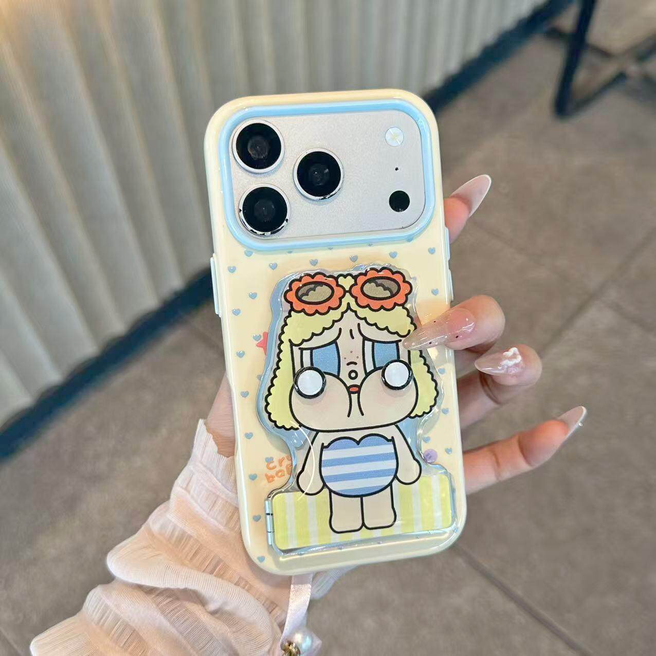 夏日可爱哭娃镜子支架适用苹果17/16promax撞色马卡龙果冻手机壳iPhone15小众14/13promax创意卡通12女款11套