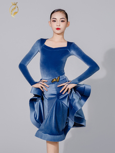 2023新款网红高端小众设计感拉丁舞小儿童长袖丝绒比赛服演出专业