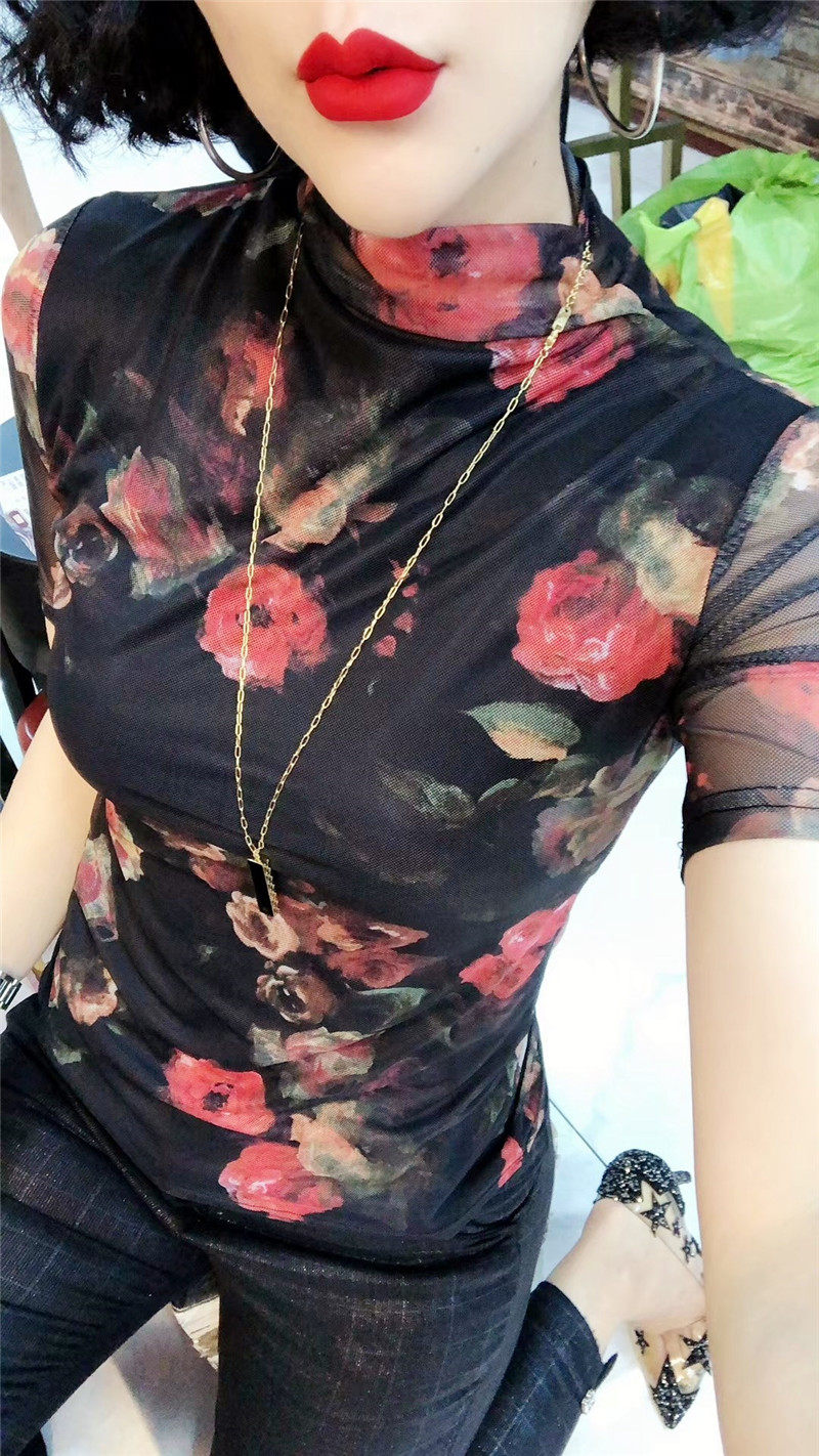 欧洲站新款女装印花弹力网衫高领短袖T恤打底衫时尚小衫上衣大码