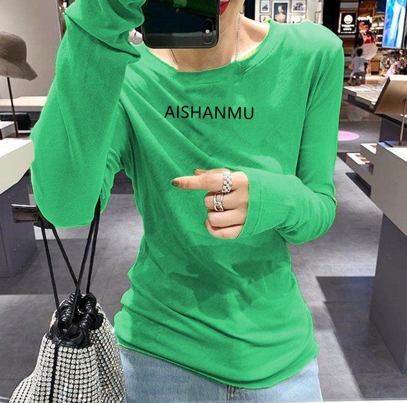 欧货春季新款洋气纯色字母小衫糖果色圆领长袖打底衫时尚t恤百搭