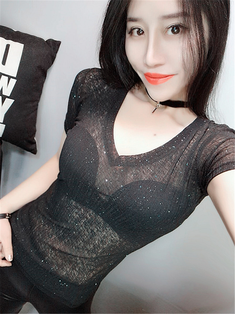 欧货新款女装性感透视烫金亮晶晶弹力V领短袖T恤女打底衫时尚小衫