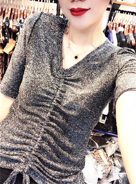 新款性感亮丝闪光丝抽绳V领弹力短袖T恤女时尚小衫打底衫