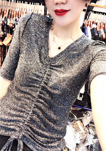 新款性感亮丝闪光丝抽绳V领弹力短袖T恤女时尚小衫打底衫