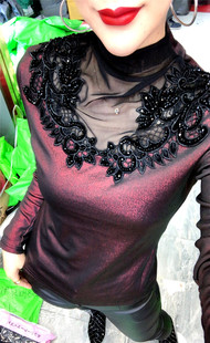 打底衫 女重工透视网拼接钉珠弹力长袖 潮 加绒高领弹力小衫 欧货新款