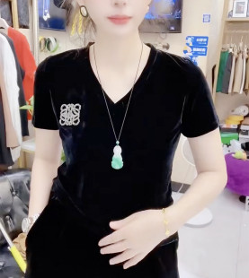 欧货洋气女装重工胸标V领短袖金丝绒小衫打底衫时尚上衣显瘦百搭