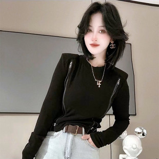 欧货南油洋气小衫重工拉链圆领弹力修身正肩传给你修T恤小衫打底