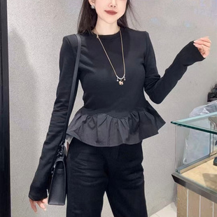 欧货十三行女装气质黑白荷叶边弹力长袖T恤小衫打底衫纯欲风百搭