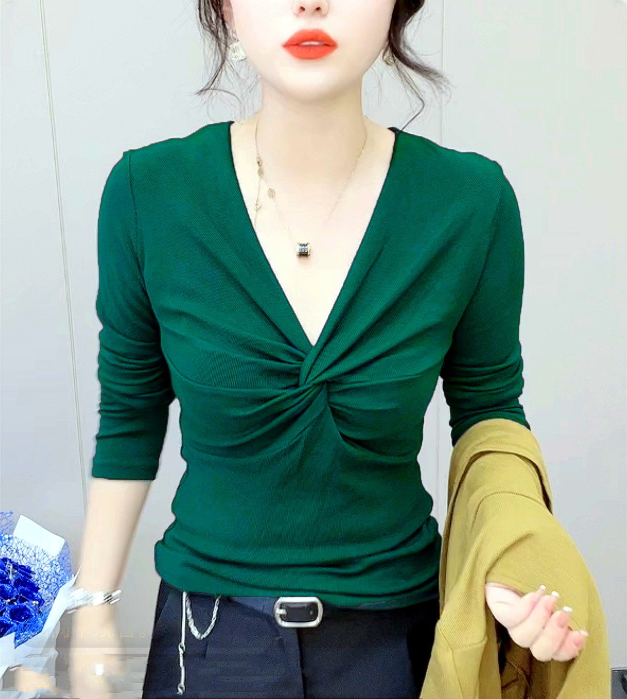 欧货弹力V领v领长袖T恤打底衫