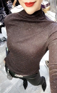 欧货新款小衫重工烫钻半高领弹力长袖T恤女打底衫时尚显瘦大码潮