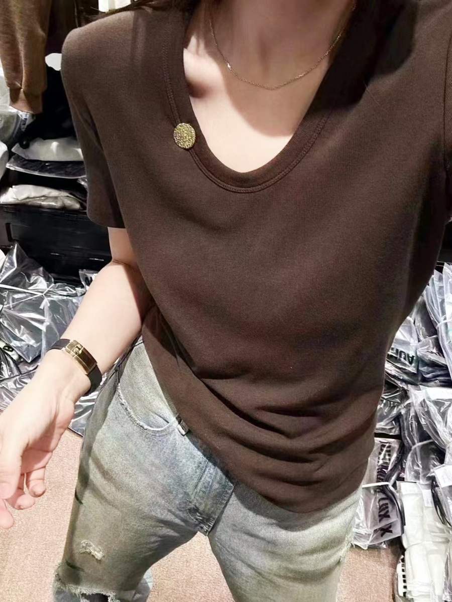 欧货春季新款小衫纯色U领弹力短袖T恤半袖小衫打底衫上衣百搭时尚