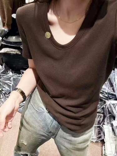 欧货春季新款小衫纯色U领弹力短袖T恤半袖小衫打底衫上衣百搭时尚