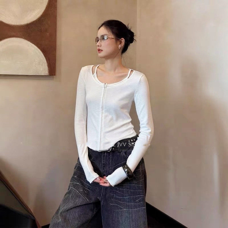 欧货洋气女装设计感露肩纯色弹力修身拉链长袖T恤小衫打底衫内搭,女装/女士精品,T恤,淘宝优惠券,粉丝福利购,淘宝优惠卷