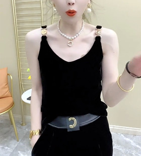 内搭大码 时尚 显瘦 性感黑色金丝绒肩扣吊带背心打底衫 欧货洋气小衫