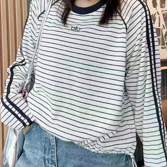 欧货新款女装条纹袖三道杠圆领宽松抽绳长袖T恤上衣防晒衫时尚潮