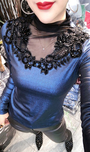 T恤打底衫 重工钉珠镂空加绒加厚半高领长袖 潮 小衫 欧洲站秋冬新款