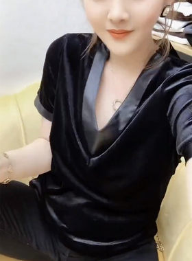 丝绒黑色显瘦打底衫V领短袖