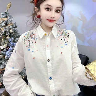 棉麻衬衫 重工刺绣翻领长袖 女时尚 上衣小衫 欧货高版 百搭时尚 本春季
